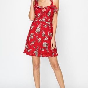 NWT Red Floral Print Ruffle Dress Tie Front Medium